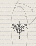 Celestial cybersigil pendant tattoo stencil shown on the front thigh with moon, star accents and a small drop displayed in a clean placement view