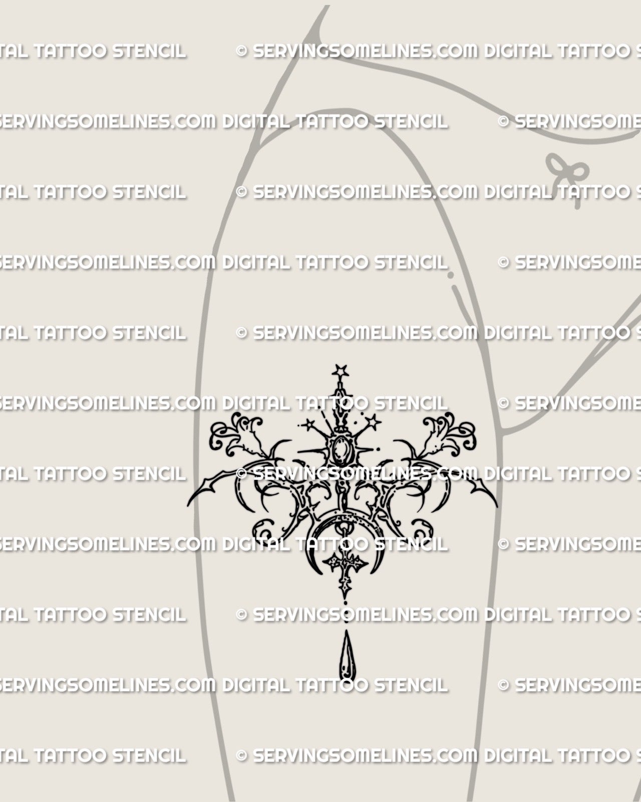 Celestial cybersigil pendant tattoo stencil shown on the front thigh with moon, star accents and a small drop displayed in a clean placement view