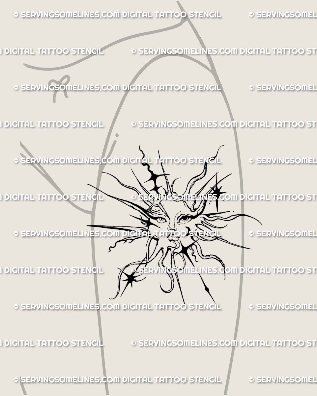 Front thigh celestial sun tattoo design, cybersigilism and tribal fusion with spiky gothic rays, fine linework and ornamental geometry.