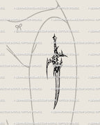 Dark fantasy dagger tattoo design shown on front thigh, spiky neotribal blade with minimal gothic edge and two small hearts on handle.