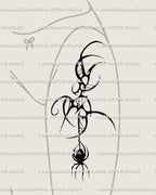 Front thigh dark tribal spider tattoo design shown on leg placement, spiky gothic web pattern with cyber sigil flow.