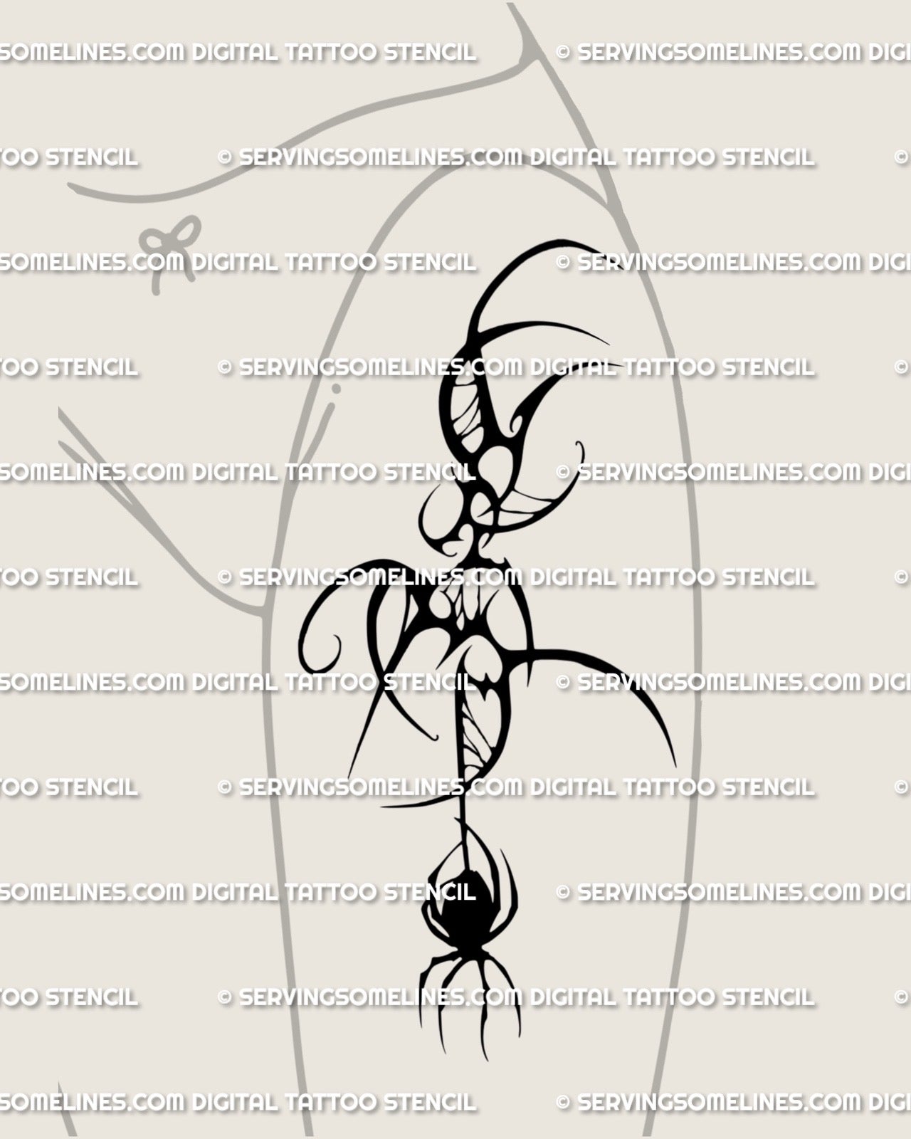 Front thigh dark tribal spider tattoo design shown on leg placement, spiky gothic web pattern with cyber sigil flow.