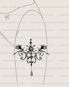 Pendant tattoo stencil shown on a woman’s front thigh with gothic baroque curves, crescent moon, stars and a hanging drop