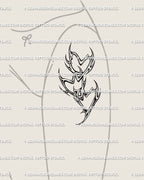 Gothic spiky heart tattoo flash displayed on front thigh placement, romantic cyber-tribal chain design with clean black lines.