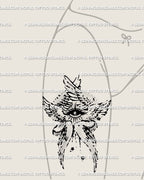 Front thigh angel tattoo idea, six winged seraphim and all seeing eye drawn in black linework, guardian tattoo with angelcore symmetry.