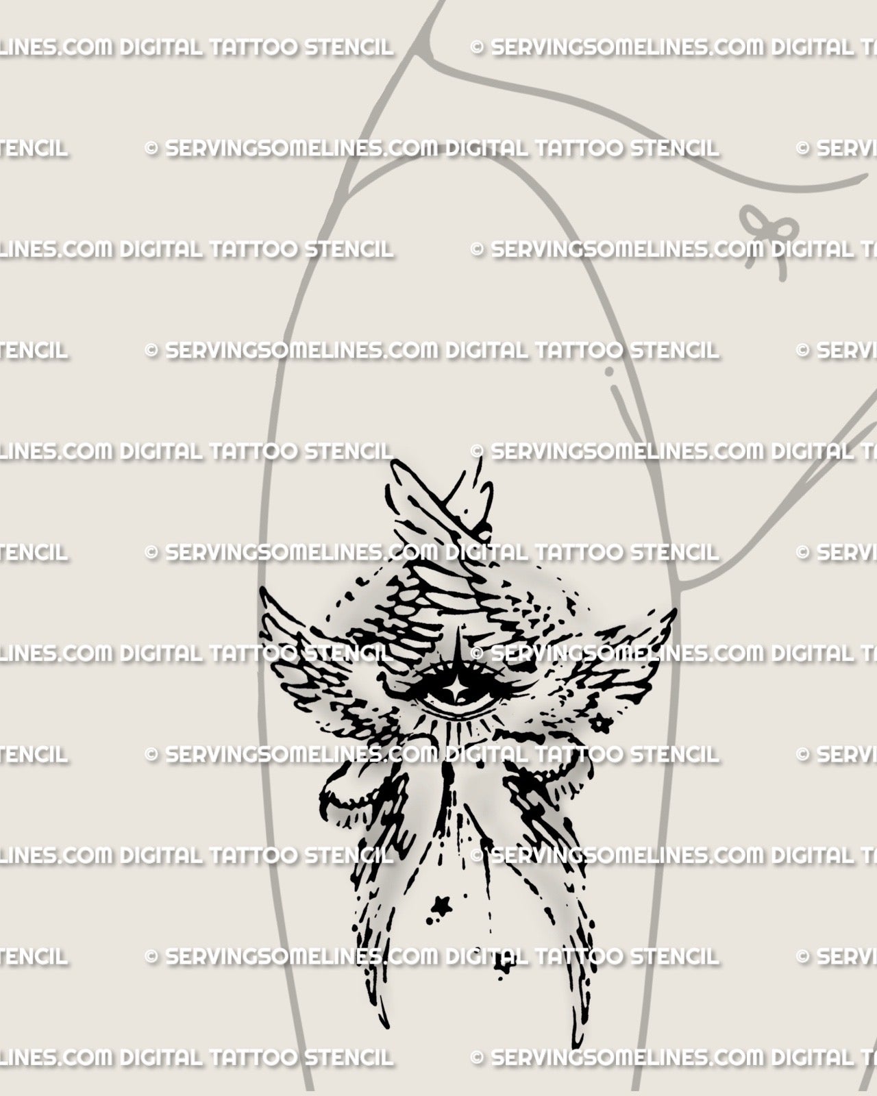 Front thigh angel tattoo idea, six winged seraphim and all seeing eye drawn in black linework, guardian tattoo with angelcore symmetry.