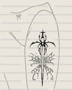 Front thigh gothic spider sword tattoo idea, elongated blade with butterfly-shaped spiderweb wings; dramatic leg placement that scales cleanly for high-impact photos.