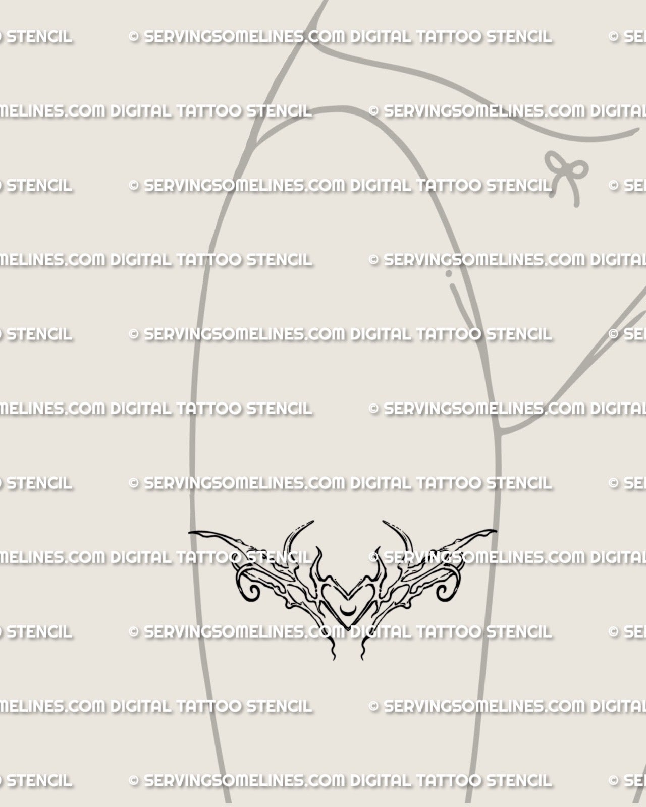 Front thigh Taurus zodiac tattoo idea, neotribal cyber heart horns design with ornamental lines and fine symmetry for digital stencil use.