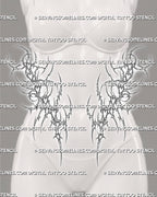 Front V line cybersigilism tattoo stencil for women with paired waist pieces, heart details, and sharp lower stomach placement.