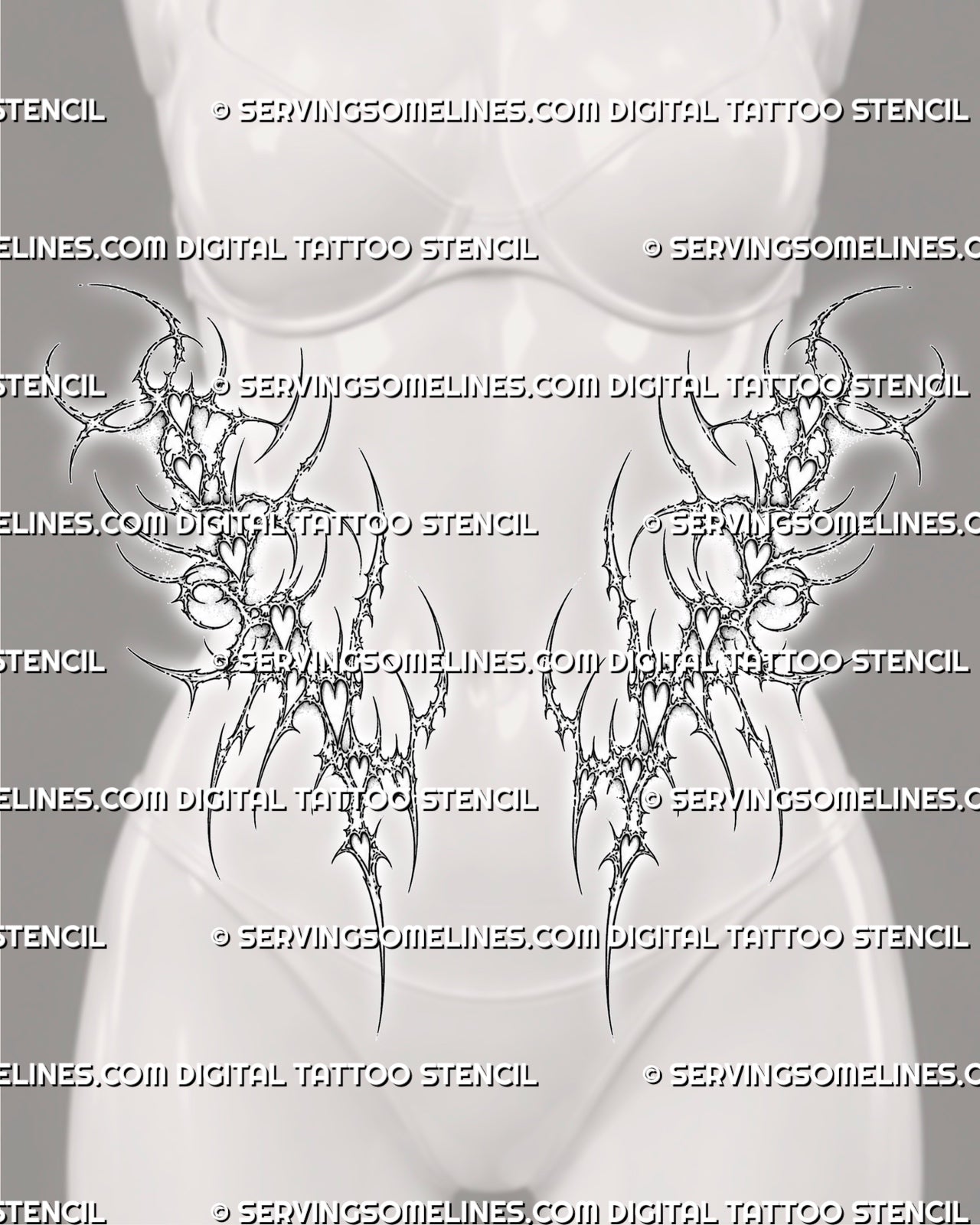 Front V line cybersigilism tattoo stencil for women with paired waist pieces, heart details, and sharp lower stomach placement.
