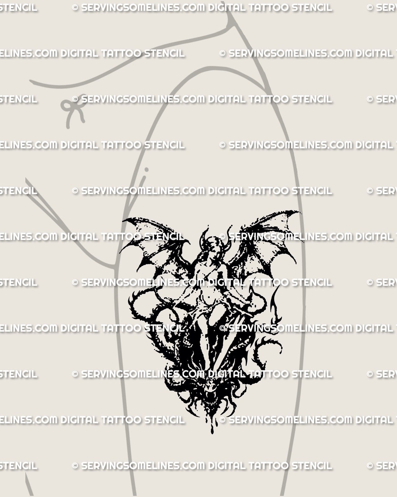 Female front thigh tattoo featuring dragon-winged woman with sword, gothic dotwork blackwork fantasy design stencil