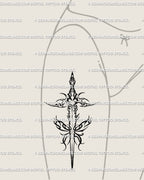 Front thigh mockup of a flaming butterfly dagger tattoo design—vertical sword, winged flames, and guarded heart, scaled for bold leg placement.