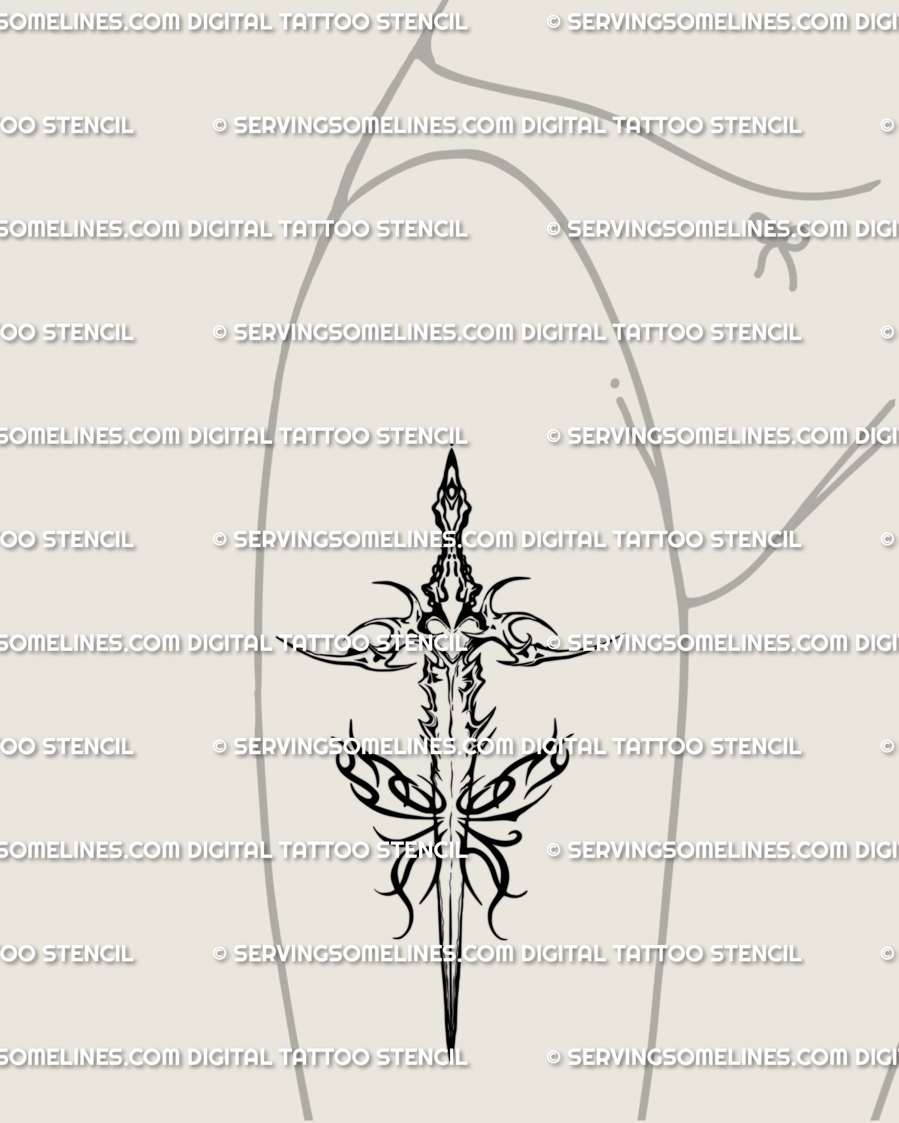 Front thigh mockup of a flaming butterfly dagger tattoo design—vertical sword, winged flames, and guarded heart, scaled for bold leg placement.