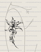 Large cybersigilism lily tattoo stencil placed on the front thigh, bold neotribal floral design with gothic curves for a strong statement tattoo.