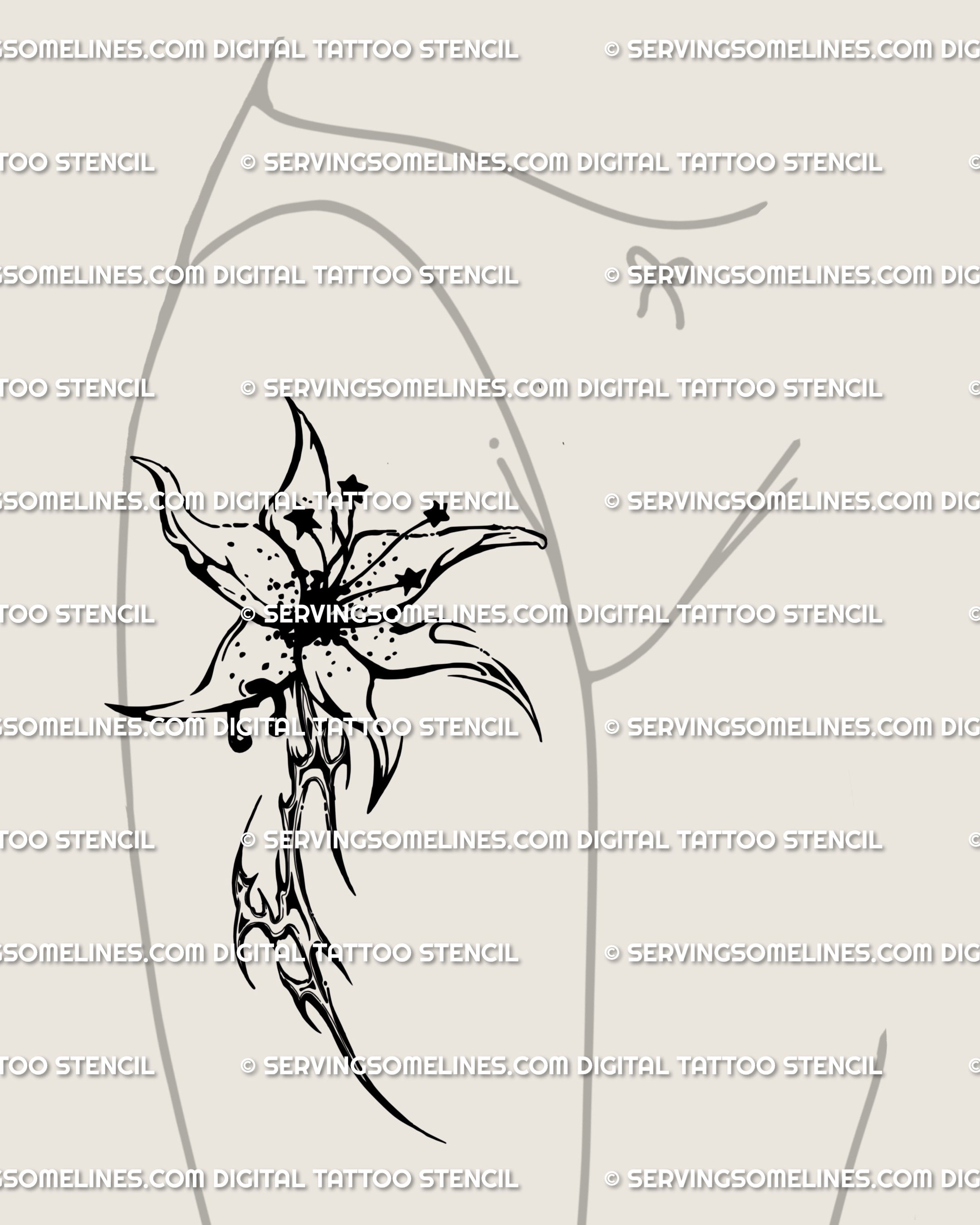 Large cybersigilism lily tattoo stencil placed on the front thigh, bold neotribal floral design with gothic curves for a strong statement tattoo.