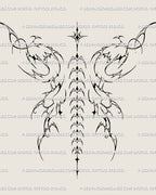 Full gothic backpiece tattoo design layout, ornamental cyber tribal wings drawn as a fairy-inspired spine tattoo stencil for bold back tattoos.