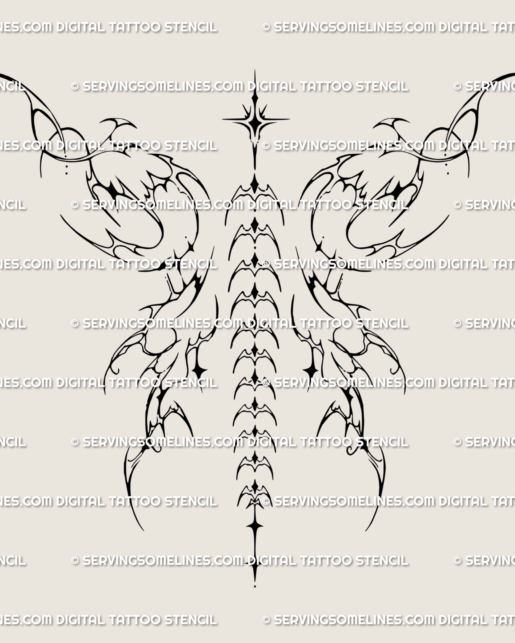 Full gothic backpiece tattoo design layout, ornamental cyber tribal wings drawn as a fairy-inspired spine tattoo stencil for bold back tattoos.