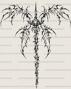 Full skeletal wings tattoo design, cyber-tribal backpiece stencil with gothic skull and thorned spine ornamental flow.