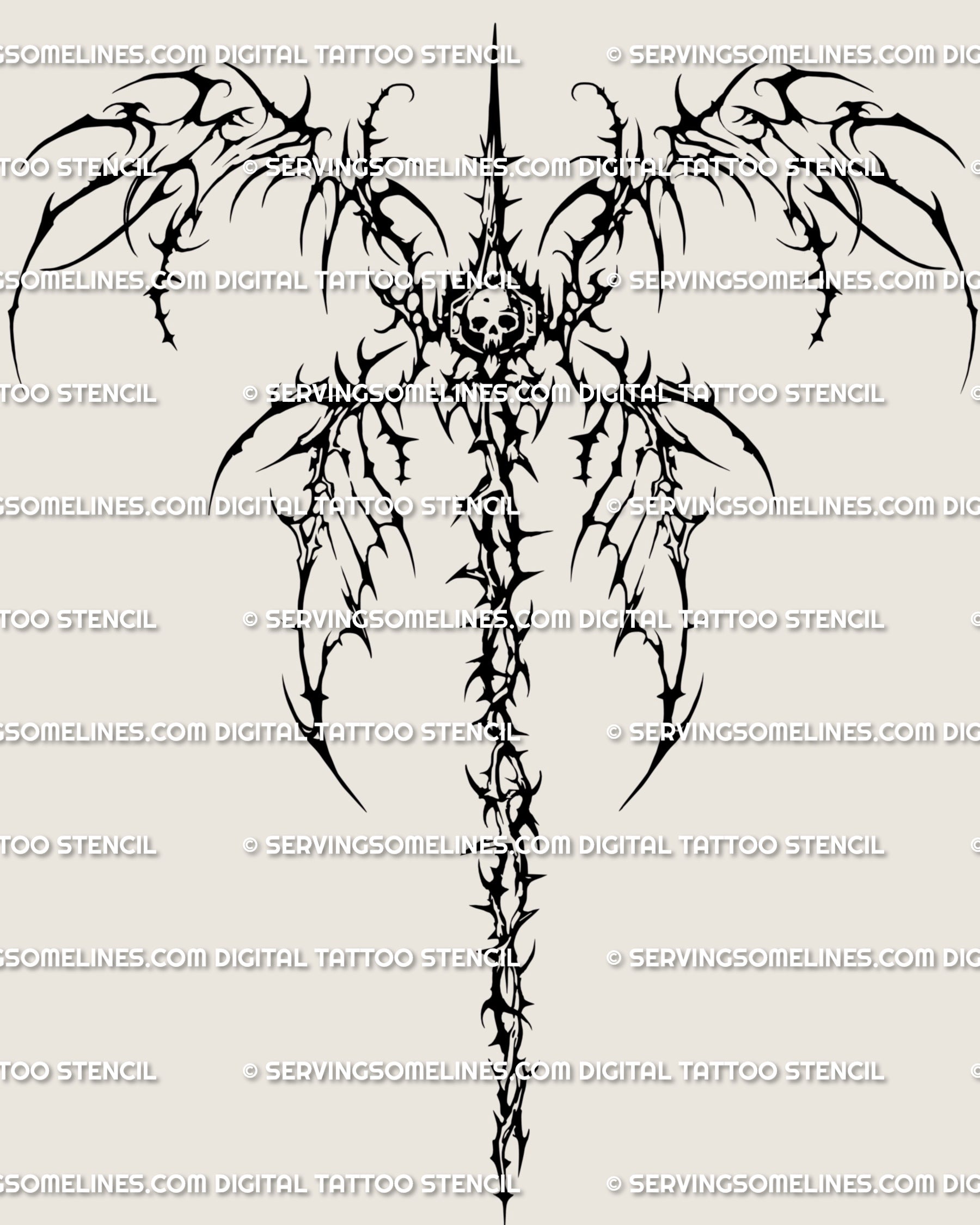 Full skeletal wings tattoo design, cyber-tribal backpiece stencil with gothic skull and thorned spine ornamental flow.