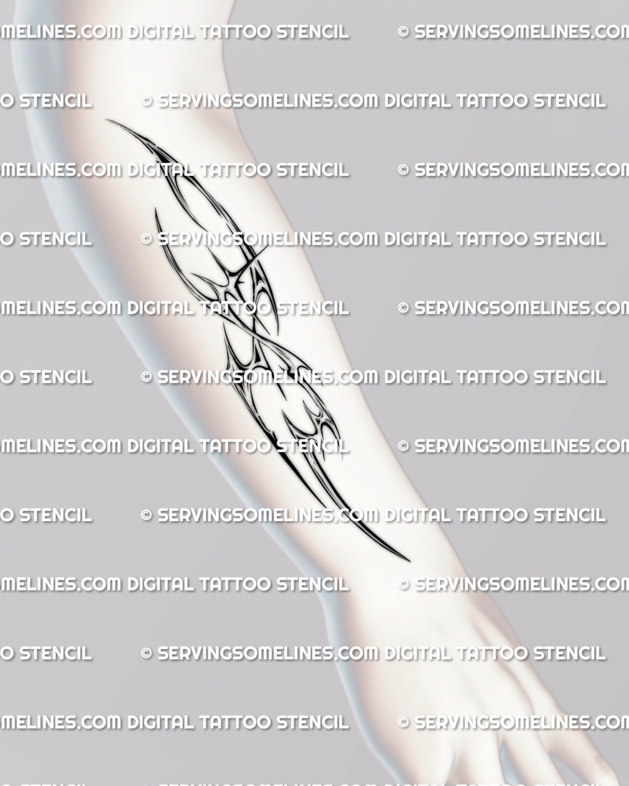 futuristic cyber tribal tattoo stencil on forearm, neotribal chrome styled linework shown as a clean vertical arm design example for buyers