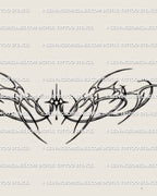 Close digital view of the stencil with fine line futuristic curves and a centered sparkle, shown as a printable design for lower back fit
