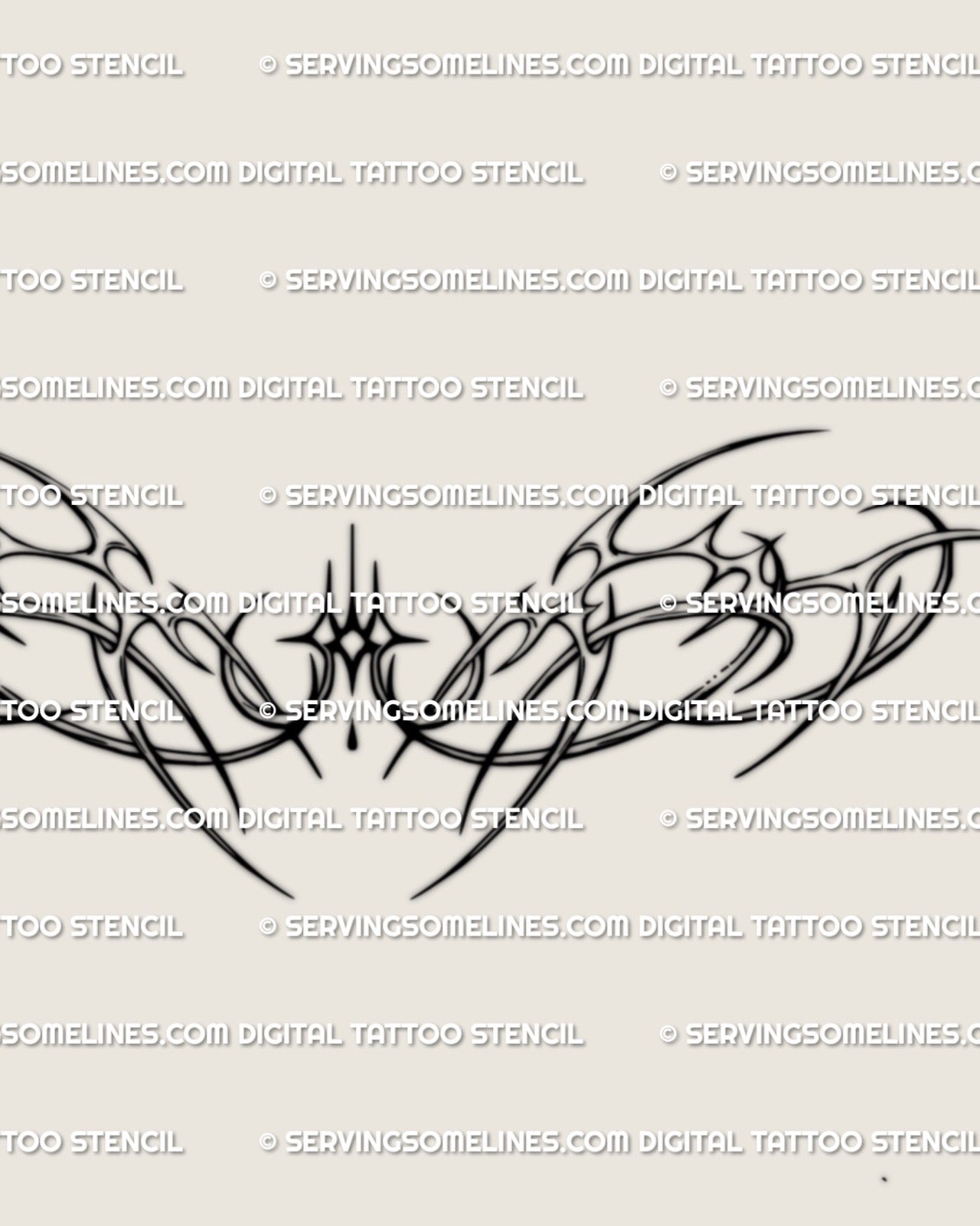Close digital view of the stencil with fine line futuristic curves and a centered sparkle, shown as a printable design for lower back fit