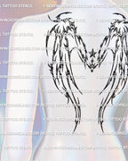 Tattoo stencil of futuristic tribal wings displayed on mannequin back, clean cyber outline flowing across upper shoulder blade area