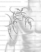 Futuristic tribal tattoo design placed on men’s shoulder and upper chest, bold neotribal cyber sigil lines forming a clean Y2K body flow.