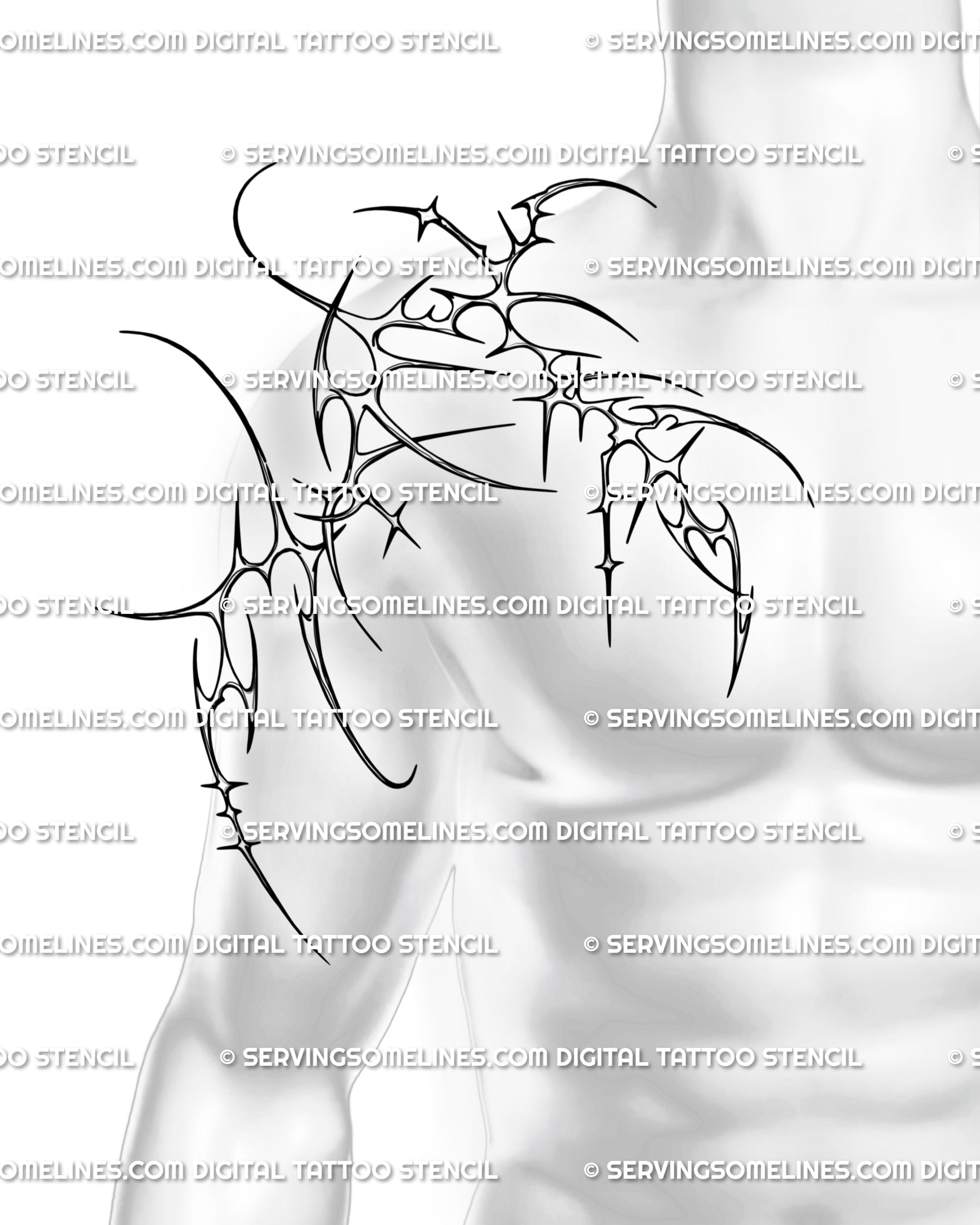 Futuristic tribal tattoo design placed on men’s shoulder and upper chest, bold neotribal cyber sigil lines forming a clean Y2K body flow.