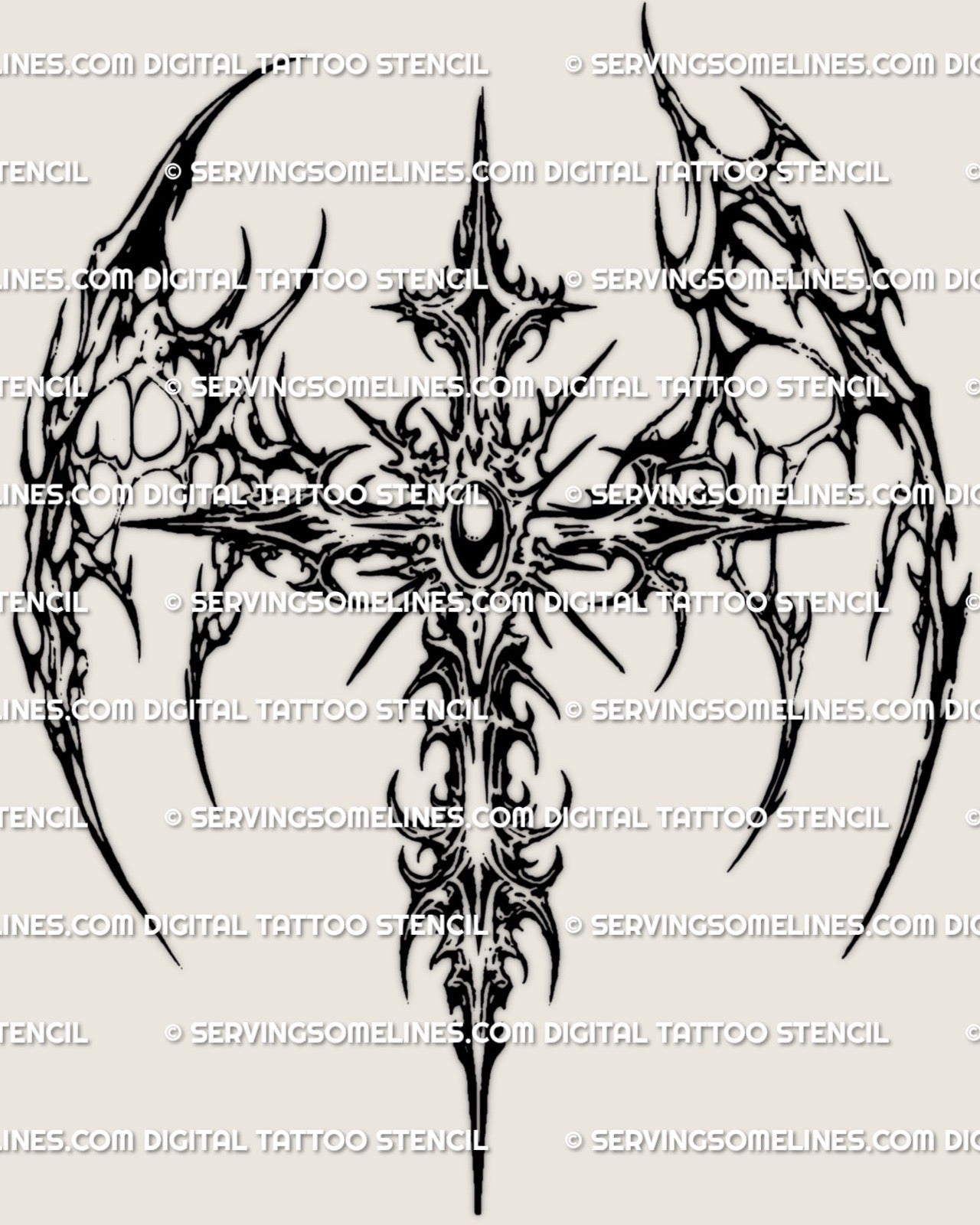 Gem-centered winged cross tattoo stencil with ornamental neotribal linework, abstract wings, and oval gemstone center for clean stencil transfer