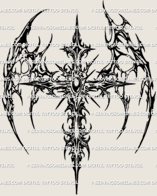 Gem-centered winged cross tattoo stencil with ornamental neotribal linework, abstract wings, and oval gemstone center for clean stencil transfer