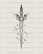 Gemini constellation dagger digital stencil design with sharp ornamental linework, clean zodiac art for tattoo artists to size.