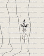 Modern Gemini sword tattoo shown on lower leg, asymmetric cyber-tribal blade with constellation stars mapped along the edge.