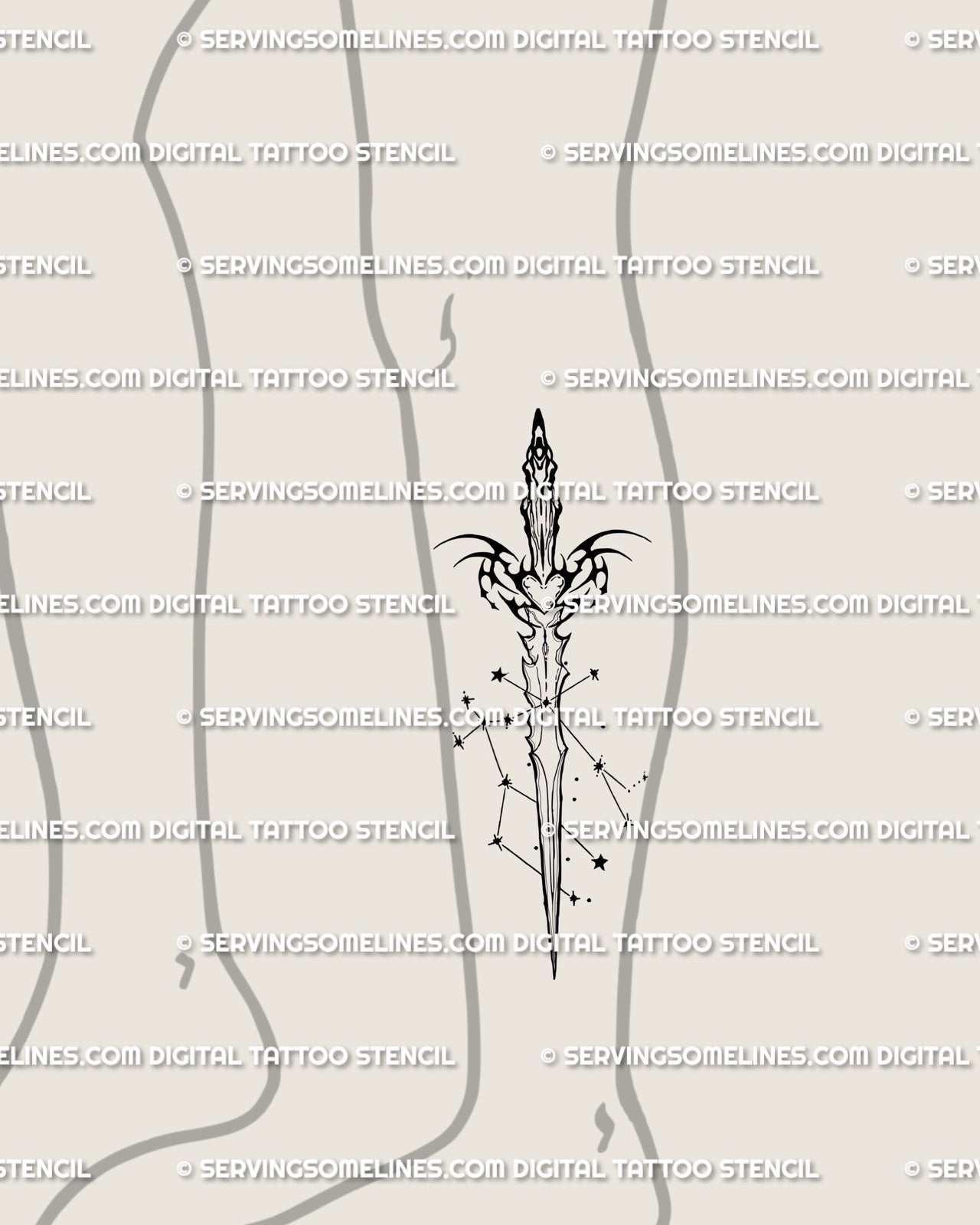 Modern Gemini sword tattoo shown on lower leg, asymmetric cyber-tribal blade with constellation stars mapped along the edge.