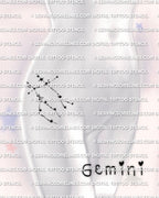 Gemini star constellation tattoo shown on hip placement example, small size dotted constellation stars with bright focal star