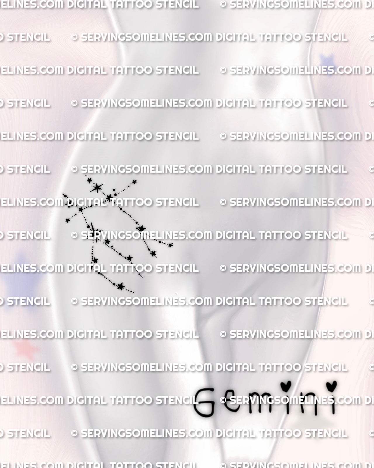 Gemini star constellation tattoo shown on hip placement example, small size dotted constellation stars with bright focal star
