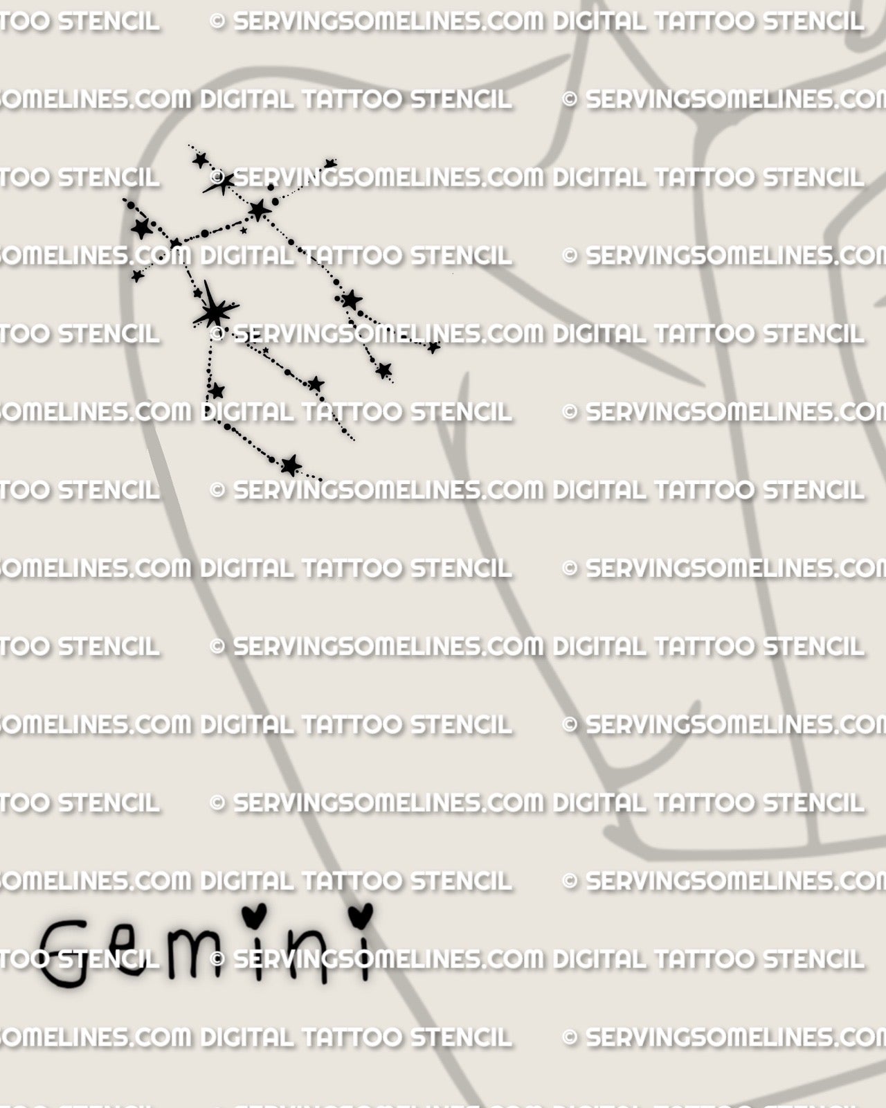 Gemini zodiac constellation tattoo shown on shoulder placement example, clean constellation line dots with star accents for fine line tattoo look
