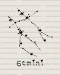 Gemini constellation tattoo stencil design, dotted star map with bold star points, printable PNG and PDF download