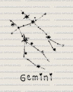Gemini constellation tattoo stencil design, dotted star map with bold star points, printable PNG and PDF download