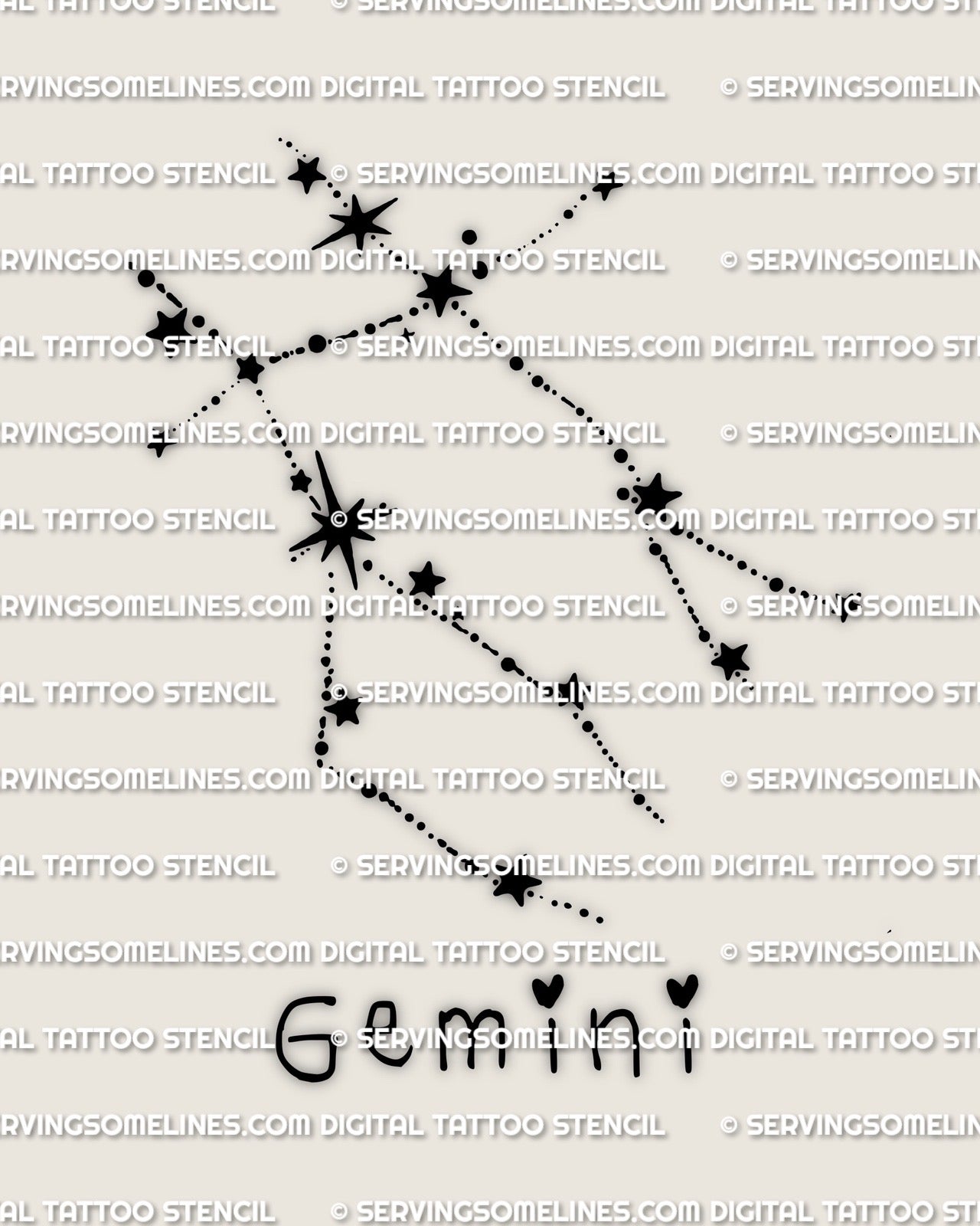 Gemini constellation tattoo stencil design, dotted star map with bold star points, printable PNG and PDF download