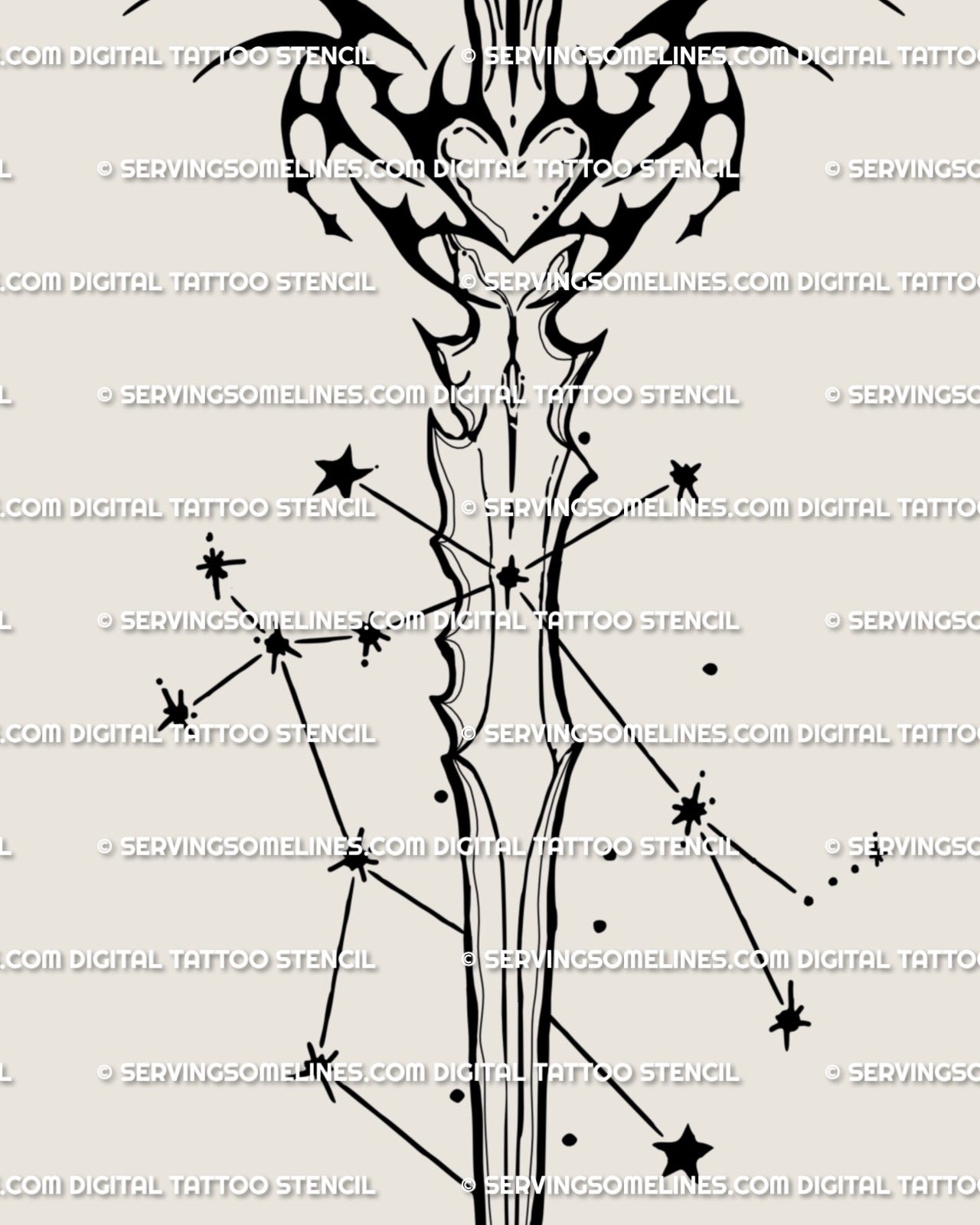 Close-up of Gemini dagger tattoo design, highlighting the intricate heart hilt, twin balance symbolism, and crisp line details.