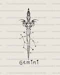 Gemini dagger tattoo stencil with star cluster and heart hilt, sleek neotribal cyber-tribal linework under text Gemini, digital design.