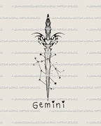 Gemini dagger tattoo stencil with star cluster and heart hilt, sleek neotribal cyber-tribal linework under text Gemini, digital design.