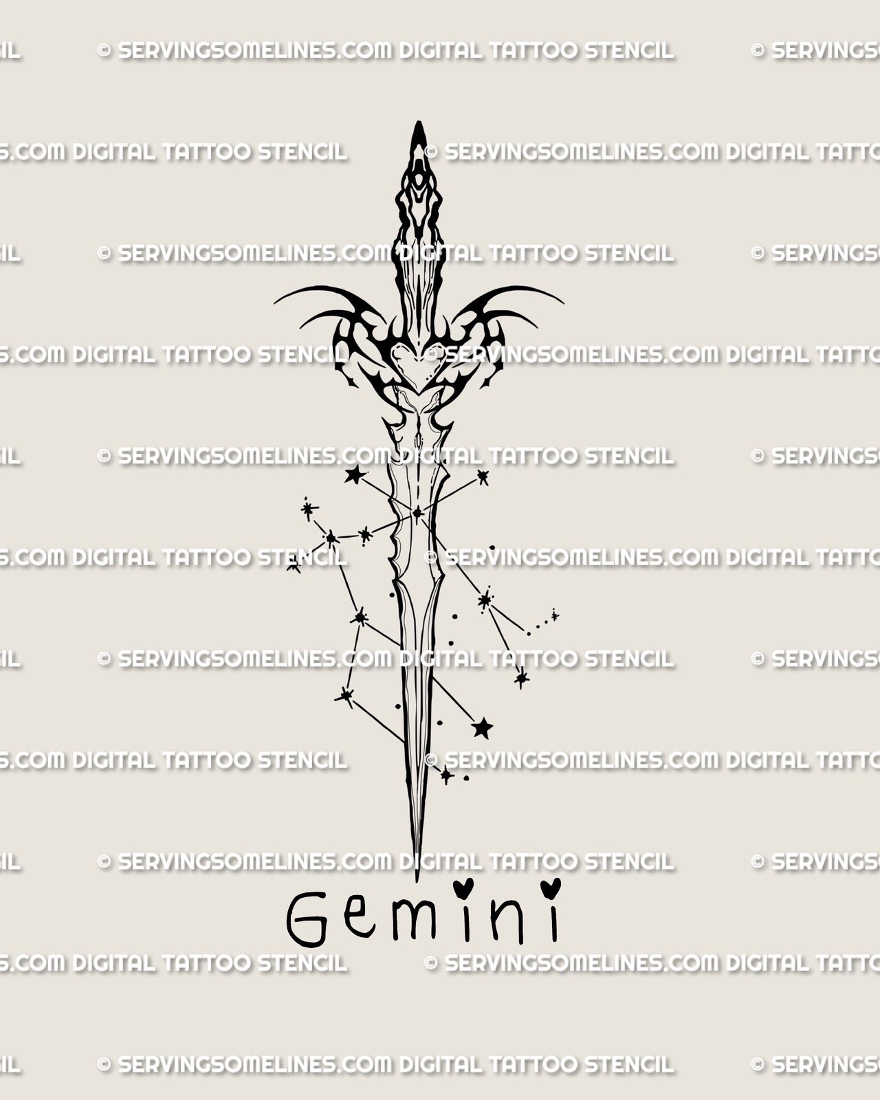 Gemini dagger tattoo stencil with star cluster and heart hilt, sleek neotribal cyber-tribal linework under text Gemini, digital design.