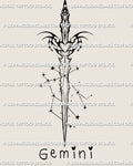Zodiac dagger tattoo stencil design for Gemini, asymmetric blade with twin coded hilt and star mapping detail