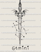 Zodiac dagger tattoo stencil design for Gemini, asymmetric blade with twin coded hilt and star mapping detail