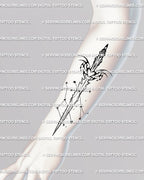 Gemini constellation dagger tattoo placed on forearm, fine-line neotribal detailing with cosmic symmetry and subtle heart handle.