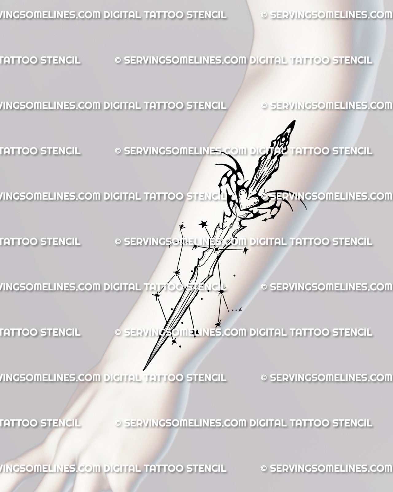 Gemini constellation dagger tattoo placed on forearm, fine-line neotribal detailing with cosmic symmetry and subtle heart handle.