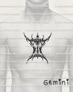 Gemini glyph tattoo stencil shown on chest center placement, cybersigilism zodiac symbol design, printable download files