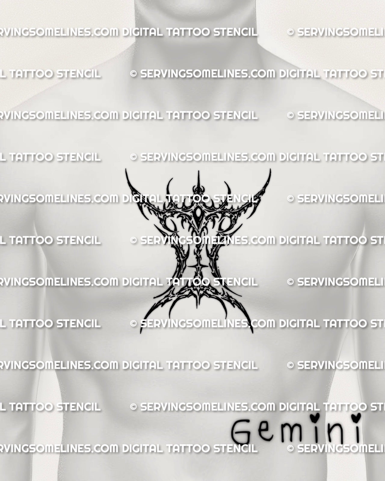 Gemini glyph tattoo stencil shown on chest center placement, cybersigilism zodiac symbol design, printable download files